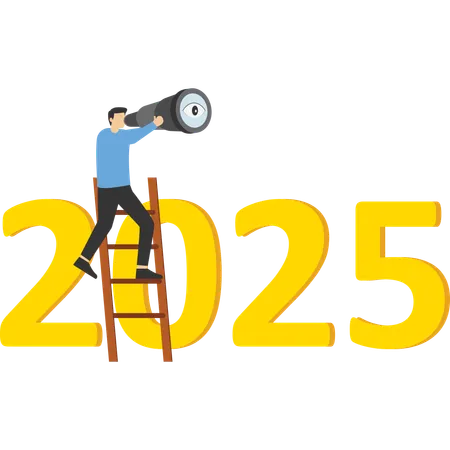 Businessman using telescope to see vision on top of ladder above year 2025 number.  Illustration