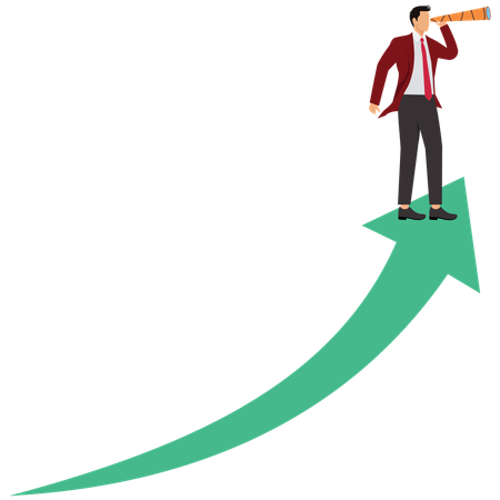 Businessman using telescope with upward arrow growth  Illustration