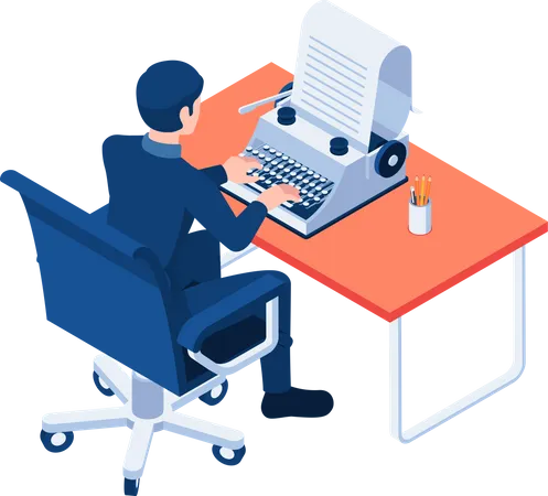 Flat 3 D Isometric Businessman Using Typewriter Ghost Writer And Content Marketing Concept Illustration