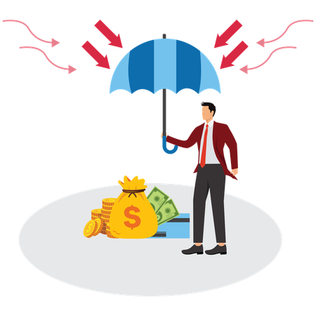 Businessman using umbrella protecting money  Illustration