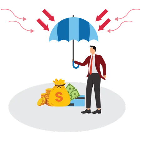 Businessman using umbrella protecting money  Illustration