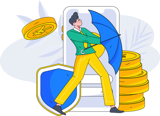 Businessman using umbrella to save funds  Illustration