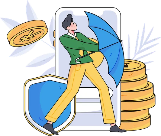 Businessman using umbrella to save funds  Illustration