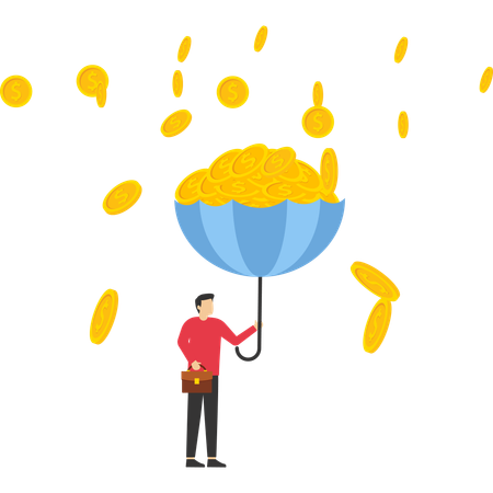 Businessman using upside down umbrella to collect large rain of coins  Illustration