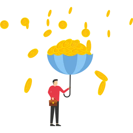 Businessman using upside down umbrella to collect large rain of coins  Illustration