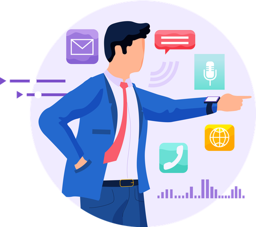 Businessman using voice activated digital assistant  Illustration