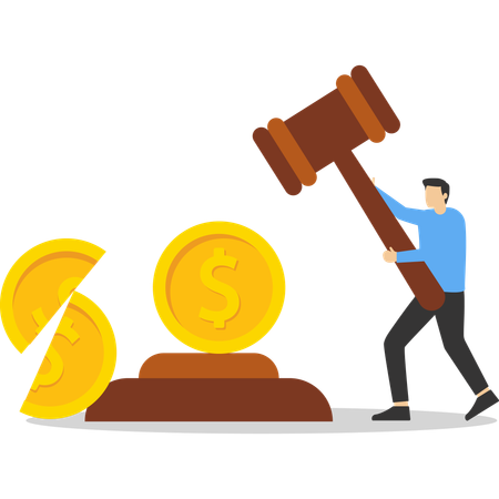 Businessman using wooden mallet breaking money  Illustration