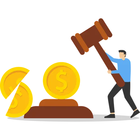 Businessman using wooden mallet breaking money  Illustration