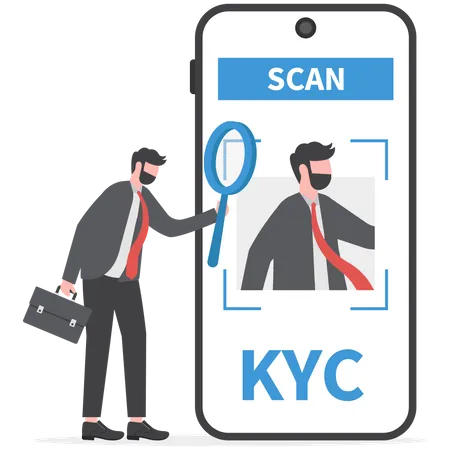 KYC Or Know Your Customer With Business Verifying The Identity Of Its Clients Concept At The Partners To Be Through A Magnifying Glass Vector Illustrator Illustration