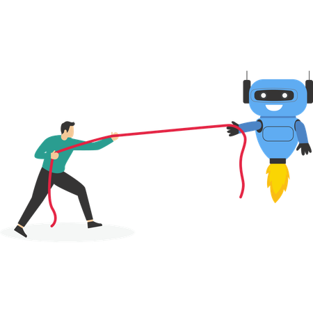 Businessman versus cyborg with artificial intelligence pulling opposite ends of rope  Illustration