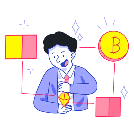 暗号通貨とブロックチェーン技術を観察するビジネスマン  イラスト