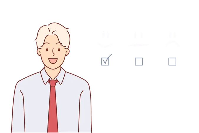 User Experience Of Business Man Used Services Of Career Consultant Standing Near Checkboxes With Emojis Manager Rejoices At Receiving Positive User Experience From Corporate Application Illustration