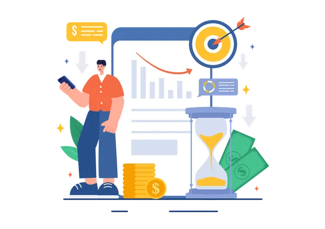 Businessman views economy down graph  Illustration