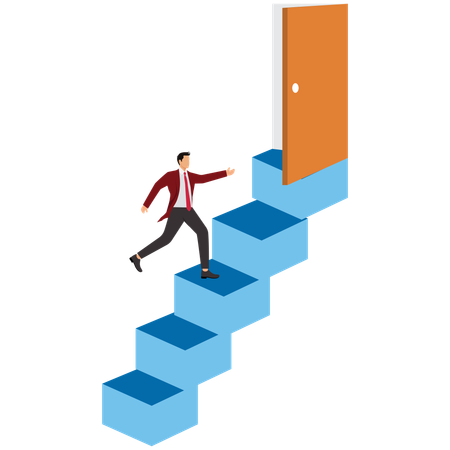 Businessman Walk Staircase To Find Opening Opportunity Door  Illustration