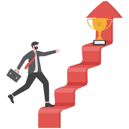 Business Success Goal And Achievement Concept Businessman Walking Up Staircase With Rising Arrow Into High Sky To Find Winning Trophy At The Final Top Section Illustration