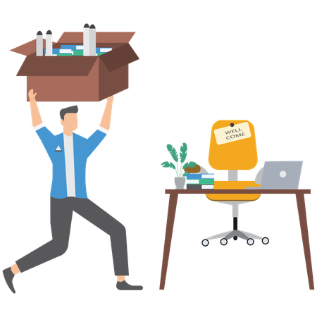 Businessman walk to welcoming office desk hold box symbolizing starting new job  Illustration