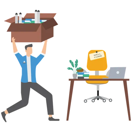 Businessman walk to welcoming office desk hold box symbolizing starting new job  Illustration