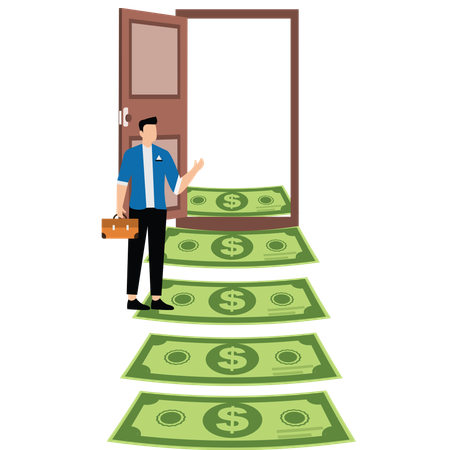 Businessman walk up money ladder and open door  Illustration