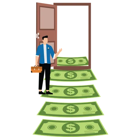 Businessman walk up money ladder and open door  Illustration