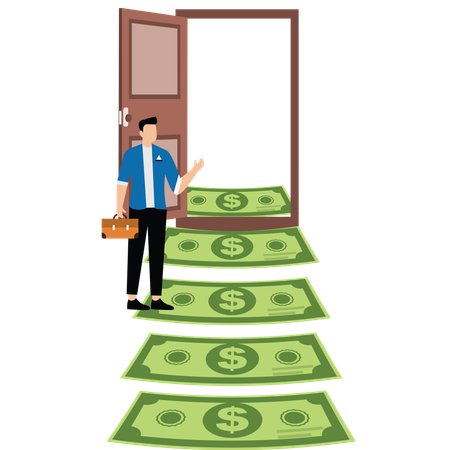 Businessman walk up money ladder and open door  Illustration