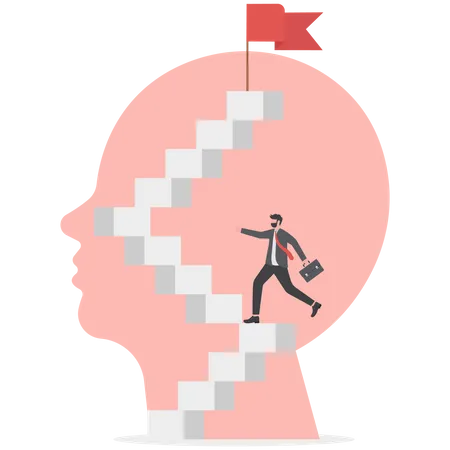 Businessman Walk Up The Stairs To Vision And Opportunities On Head Human For Target Further Growth Mindset Concept Vector Illustrator Illustration