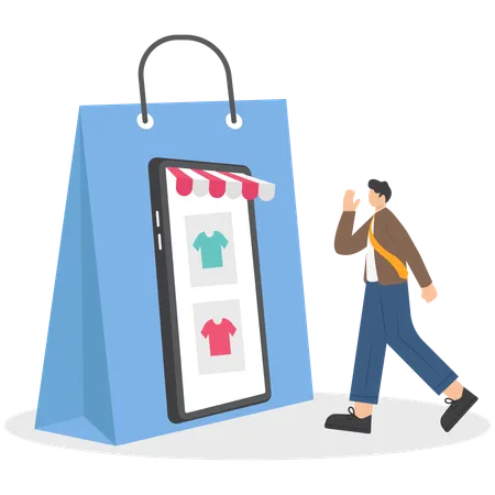 Businessman walked out of shopping bags via mobile phones  Illustration