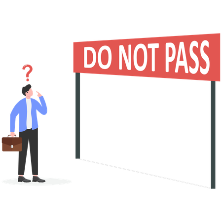 Businessman walking across red line with words DO NOT PASS  Illustration