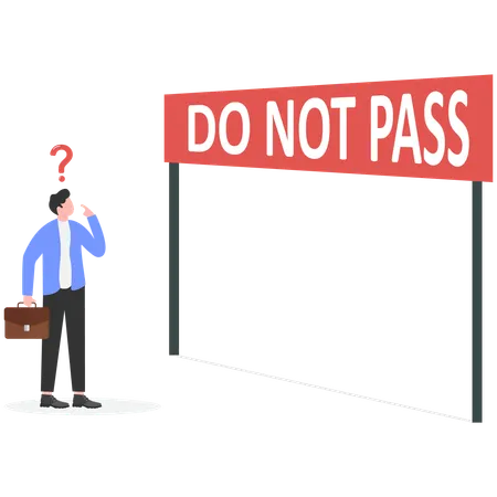 Businessman walking across red line with words DO NOT PASS  Illustration