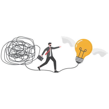 Businessman walking away from mess chaos line to simple lightbulb idea discover easy way from straight  Illustration