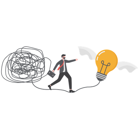 Businessman walking away from mess chaos line to simple lightbulb idea discover easy way from straight  Illustration