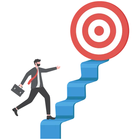 Reach Target Or Progress To Reach Goal Career Step To Success Achievement Or Growth Challenge And Motivation To Succeed Concept Businessman Walking Up Stair With Arrow As Path To Reach Goal Illustration