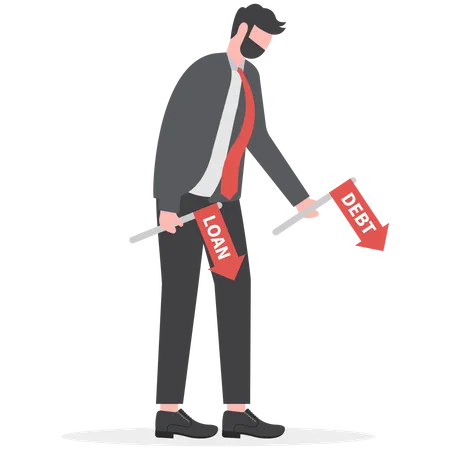Businessman Walking Holding Debt And Loan Flag Sign Stressed Unhappy Businessman Holding Red Arrow Flag Illustration