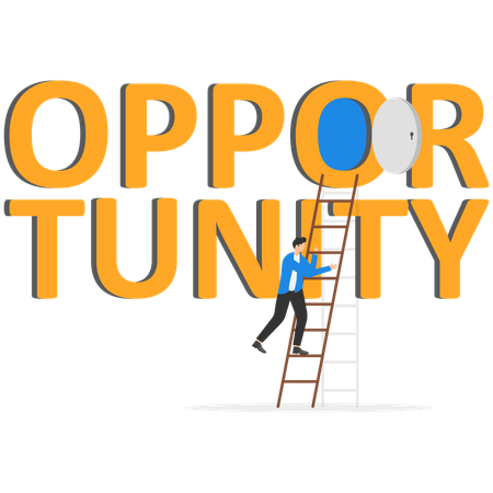 Businessman walking into door with word opportunity  Illustration