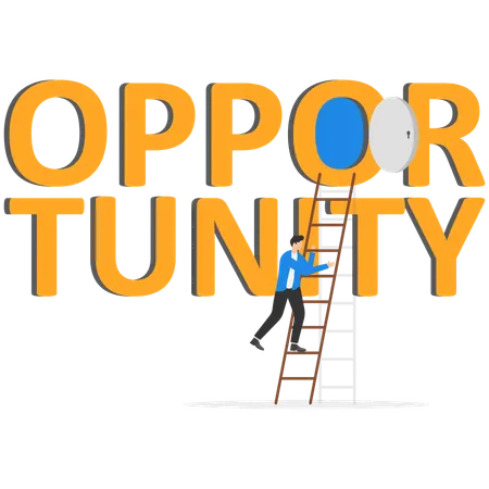 Businessman walking into door with word opportunity  Illustration
