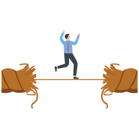 Businessman walking on a rope that is about to break  Illustration