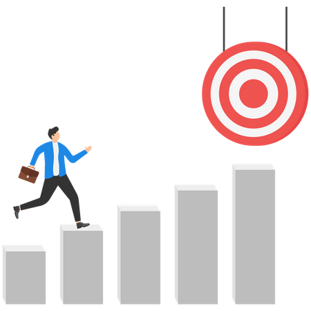 Businessman walking on bars chart to target  Illustration