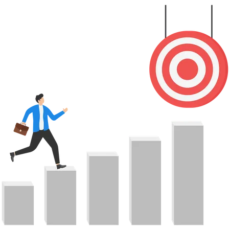 Businessman walking on bars chart to target  Illustration