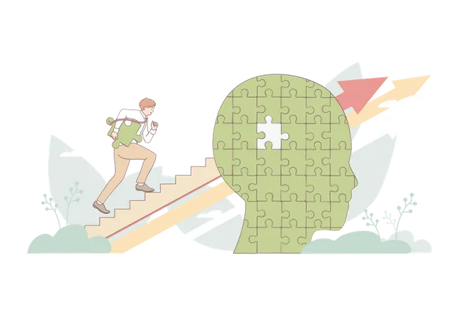 Businessman walking on career step with puzzle  Illustration