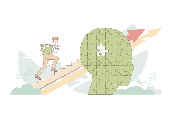 Businessman walking on career step with puzzle  Illustration