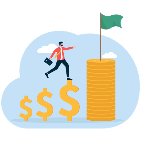 Businessman walking on growing dollar sign  Illustration