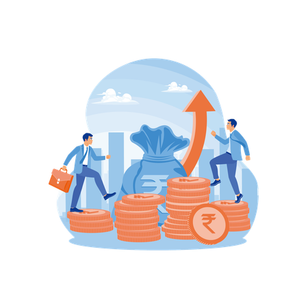 Businessman walking on pile of Rupee coins  Illustration