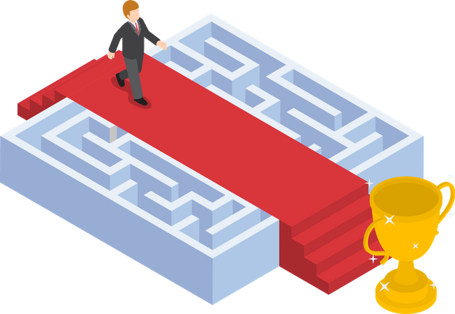 Businessman walking on red carpet over the maze  Illustration