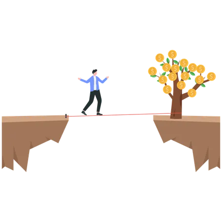 Businessman walking on rope for financial growth  Illustration