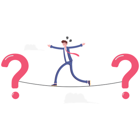 Businessman walking on rope tied to question mark  Illustration