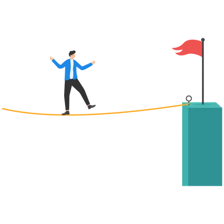 Businessman Walking On Rope To The Red Flag Symbol Business Challenge Vector Illustration Illustration