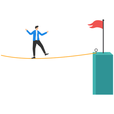 Businessman walking on rope to red flag symbol  Illustration