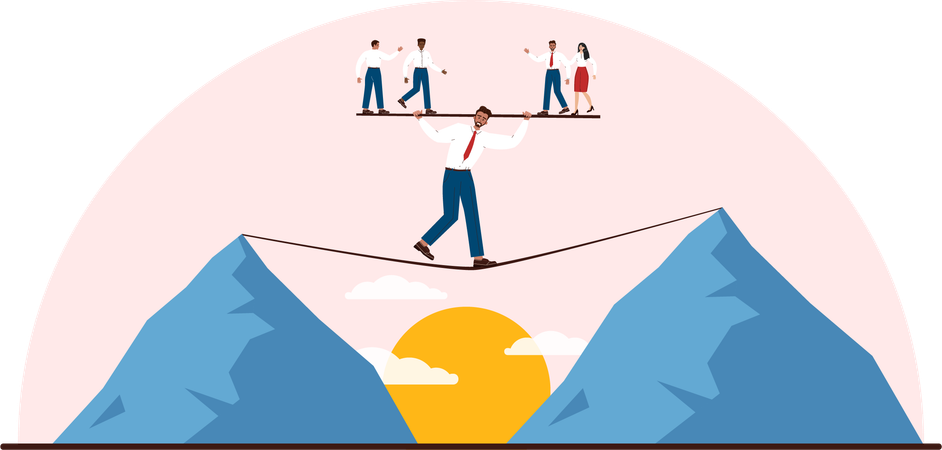 Businessman walking on rope with carrying team  Illustration