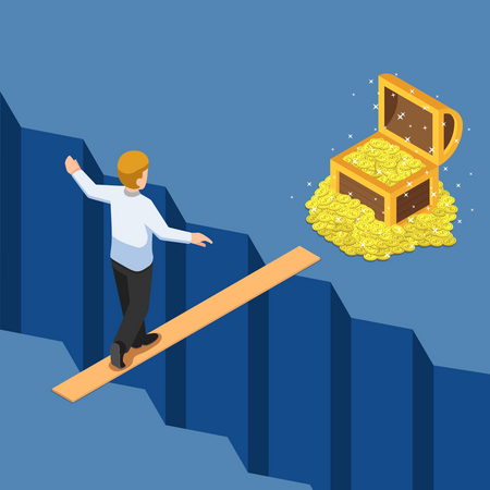 Businessman walking on small bridge over abyss to treasure box  Illustration