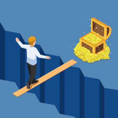 Businessman walking on small bridge over abyss to treasure box  Illustration