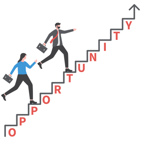 Businessman walking on staircase with opportunity word growth success to career  Illustration